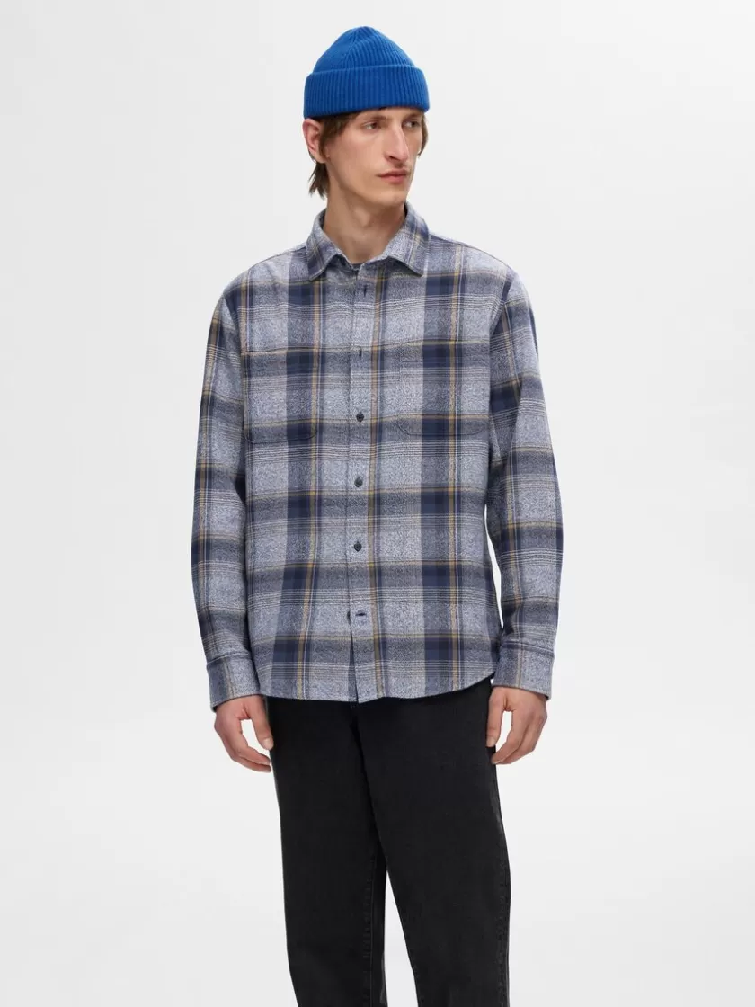 SELECTED 100% BOMULD FLANNEL-SKJORTE Blue Sale