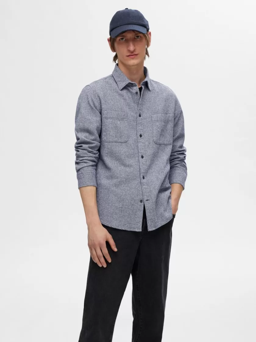 SELECTED 100% BOMULD FLANNEL-SKJORTE Blue Sale