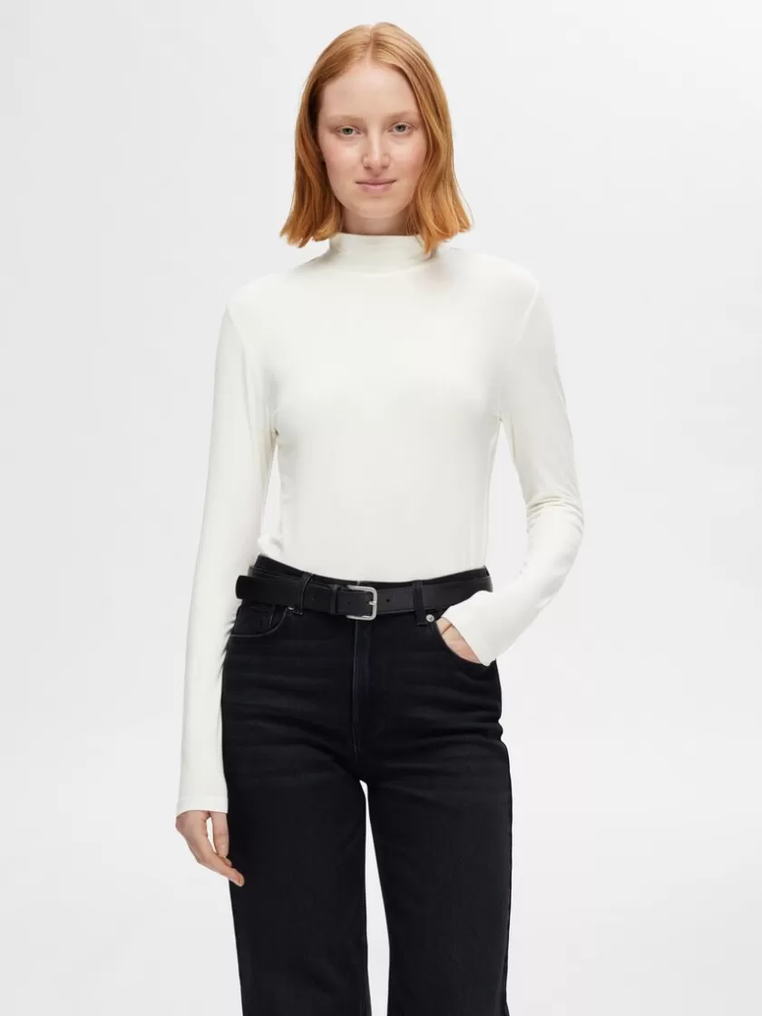 SELECTED BASIC HØJ HALS TOP MED LANGE ÆRMER White Fashion