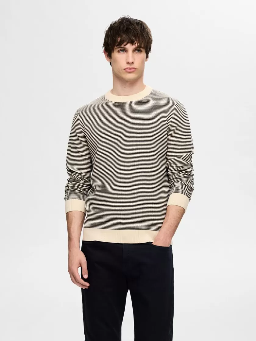 SELECTED STRIBET CREWNECK STRIKTRØJE Beige Cheap