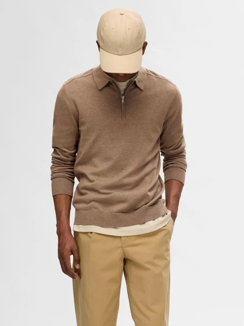 SELECTED STRIKKET LANGÆRMET POLO Brown Store